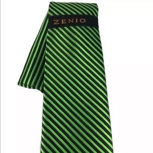 Zenio Men's Skinny Tie & Hanky Set Green Black Striped Pattern 3" Wide